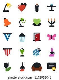Color and black flat icon set - pennant vector, butterfly, garden light, heart, tulip, themes, bell, desk lamp, cushioned furniture, restaurant table, candle, snowflake, door, pennon, certificate