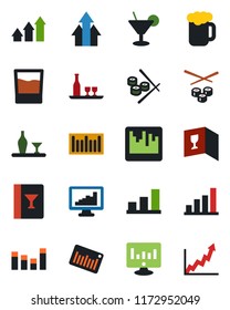 Color and black flat icon set - statistic monitor vector, barcode, equalizer, scanner, statistics, bar graph, alcohol, wine card, drink, cocktail, beer, sushi, arrow up, growth