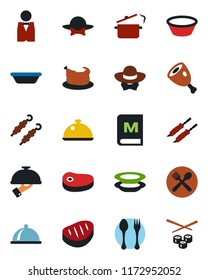 Color and black flat icon set - spoon and fork vector, waiter, dish, cafe, menu, plates, dress code, chicken, steak, kebab, ham, bowl, steaming pan, sushi