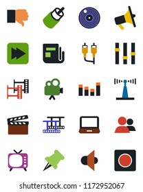 Color and black flat icon set - clapboard vector, film frame, vinyl, antenna, news, speaker, loudspeaker, tv, settings, equalizer, video camera, laptop pc, group, finger down, paper pin, rca, record