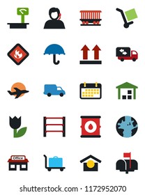 Color and black flat icon set - baggage trolley vector, earth, railroad, store, plane, support, car delivery, term, cargo, umbrella, warehouse storage, up side sign, tulip, flammable, oil barrel