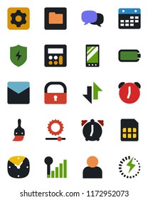 Color and black flat icon set - mobile vector, message, protect, settings, themes, user, calculator, clock, alarm, mail, sim, folder, calendar, data exchange, brightness, lock, cellular signal