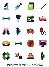 Color and black flat icon set - monitor pulse vector, diagnosis, syringe, blood pressure, dropper, microscope, pills, scalpel, patch, ambulance car, barbell, run, lungs, implant, medical calendar