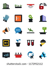 Color and black flat icon set - arrival vector, plane globe, checkroom, office building, statistic monitor, seedling, glove, blood test vial, heavy scales, dialog, scanner, meeting, flower in pot