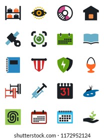 Color and black flat icon set - luggage storage vector, book, pennant, circle chart, syringe, satellite, film frame, protect, calendar, eye id, copybook, pond, smart home, egg stand, fingerprint