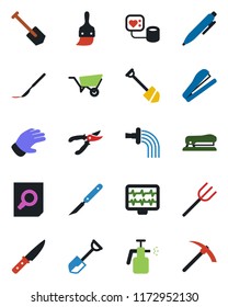 Color and black flat icon set - document search vector, pen, job, shovel, farm fork, wheelbarrow, watering, pruner, glove, garden sprayer, monitor pulse, blood pressure, scalpel, themes, stapler