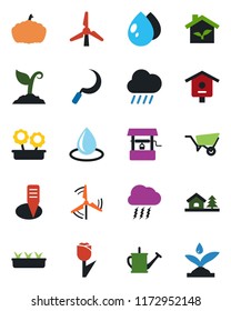 Color and black flat icon set - storm cloud vector, watering can, wheelbarrow, sproute, seedling, water drop, rain, well, sickle, plant label, pumpkin, bird house, tulip, with tree, windmill, eco