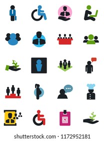 Color and black flat icon set - male vector, disabled, speaking man, pedestal, pregnancy, client, speaker, group, identity card, hr, meeting, manager, company, cook, palm sproute, with notebook