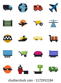 Color and black flat icon set - plane vector, runway, taxi, airport bus, waiting area, wheelbarrow, ambulance car, earth, sea shipping, truck trailer, delivery, port, container, cargo, heavy scales