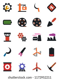 Color and black flat icon set - airport tower vector, factory, trowel, saw, sickle, flammable, oil barrel, reel, low battery, root setup, windmill, crane, gear, sun panel, hard work
