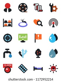 Color and black flat icon set - bed vector, luggage storage, contract, statistic monitor, water drop, pond, heart diagnostic, pills blister, route, important flag, reel, antenna, root setup, target