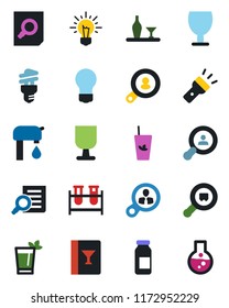 Color and black flat icon set - document search vector, bulb, blood test vial, ampoule, fragile, cargo, torch, water supply, client, alcohol, wine card, phyto bar, energy saving, consumer, idea