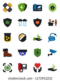 Color and black flat icon set - passport control vector, trash bin, boot, hose, patch, heart shield, hand, protect, eye id, estate insurance, intercome, water filter, home, surveillance