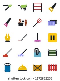 Color and black flat icon set - passport control vector, farm fork, rake, wheelbarrow, pruner, saw, hoe, scalpel, cargo container, oil barrel, rack, pause button, paper clip, ink pen, dish, radiator