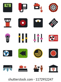 Color and black flat icon set - airport tower vector, baggage conveyor, passport control, radar, stamp, scales, settings, remote, rewind, rec button, tuning, record, air conditioner, home, intercome