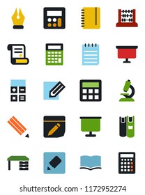 Color and black flat icon set - book vector, calculator, abacus, desk, notepad, presentation board, pencil, contract, microscope, notes, ink pen