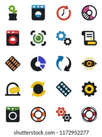Color and black flat icon set - ticket office vector, washer, gear, circle chart, contract, pills blister, update, eye id, flower in pot, clock, crisis management