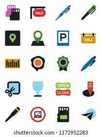 Color and black flat icon set - parking vector, no laptop, pen, stamp, plant label, pin, fragile, barcode, sd, cut, place tag, sertificate, sale, open close, paper plane