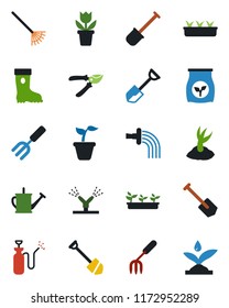 Color and black flat icon set - job vector, flower in pot, garden fork, shovel, rake, seedling, watering can, sproute, pruner, boot, sprayer, fertilizer, irrigation