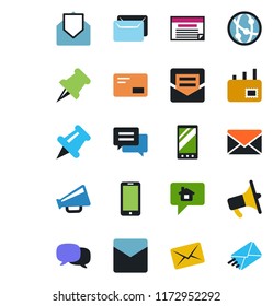 Color and black flat icon set - mobile phone vector, mail, loudspeaker, network, paper pin, message, home, schedule