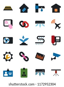 Color and black flat icon set - plane radar vector, identity card, drip irrigation, barcode, chain, root setup, air conditioner, smart home, intercome, control app, warm floor, surveillance