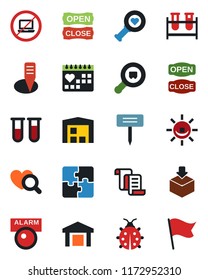 Color and black flat icon set - no laptop vector, contract, lady bug, plant label, blood test vial, heart diagnostic, medical calendar, warehouse, package, search cargo, application, open close