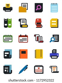 Color and black flat icon set - contract vector, book, document search, pen, notepad, printer, medical calendar, folder, news, copybook