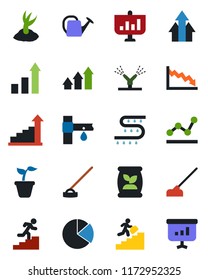 Color and black flat icon set - growth statistic vector, seedling, watering can, sproute, hoe, fertilizer, drip irrigation, pie graph, point, career ladder, arrow up, crisis, presentation