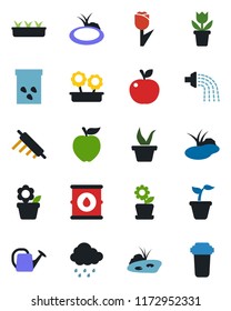 Color and black flat icon set - flower in pot vector, seedling, watering can, rain, seeds, pond, tulip, oil barrel, rolling pin, apple fruit, water filter