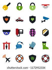 Color and black flat icon set - plane radar vector, security gate, alarm car, lock, glove, boot, hose, heart shield, traffic light, key, intercome, home protect, surveillance, sprinkler