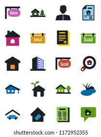 Color and black flat icon set - office building vector, house, pond, contract, with garage, tree, estate document, sale, rent, sold signboard, search, agent, smart home, eco, message