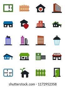 Color and black flat icon set - office building vector, fence, garden light, hospital, store, house with garage, plan, sweet home, city, cafe, eco, door
