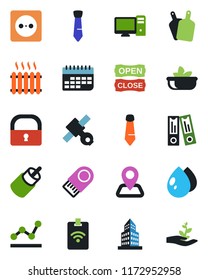 Color and black flat icon set - office binder vector, tie, water drop, navigation, satellite, term, rca, lock, building, point graph, heater, salad, open close, cutting board, socket, pc, usb flash
