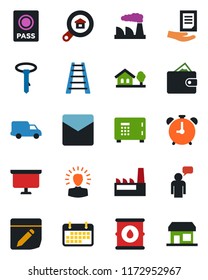 Color and black flat icon set - alarm clock vector, passport, safe, speaking man, presentation board, document, factory, ladder, car delivery, term, oil barrel, mail, notes, house with tree, wallet