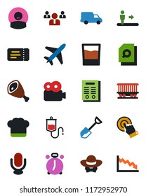 Color and black flat icon set - plane vector, escalator, alarm clock, ticket, team, shovel, dropper, patient, railroad, car delivery, microphone, touch screen, video, document search, contract, ham