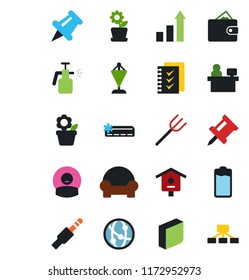 Color and black flat icon set - growth statistic vector, pennant, manager place, flower in pot, farm fork, bird house, garden sprayer, patient, network, paper pin, battery, jack connector, drawing