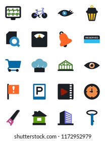 Color and black flat icon set - parking vector, office building, saw, house, greenhouse, monitor pulse, scales, bike, eye, important flag, clock, bell, video, document search, cook hat, reserved