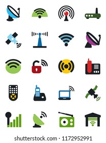 Color and black flat icon set - satellite antenna vector, wireless notebook, radio, remote control, phone, cellular signal, lock, router, garage gate
