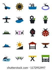Color and black flat icon set - cafe vector, sun, flower in pot, lawn mower, lady bug, pond, picnic table, brightness, pool, fruit tree, mountains, restaurant, alcove