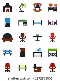 Color and black flat icon set - cafe vector, office chair, desk, bench, fireplace, lamp, bedroom, children room, cushioned furniture, restaurant table, alcove, fridge