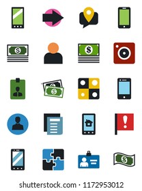 Color and black flat icon set - right arrow vector, mobile phone, identity card, document, important flag, cash, tracking, cell, camera, user, application, home control app
