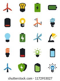 Color and black flat icon set - bulb vector, battery, low, protect, charge, desk lamp, windmill, energy saving, idea