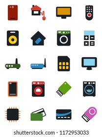 Color and black flat icon set - washer vector, calculator, monitor, speaker, phone back, sim, smart home, credit card, control, chip, remote, router, usb flash