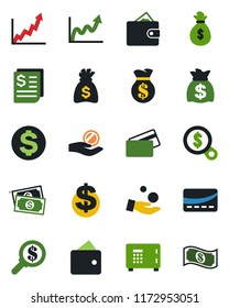 Color and black flat icon set - safe vector, dollar sign, money bag, cash, receipt, credit card, wallet, growth graph, search, investment