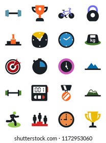 Color and black flat icon set - pedestal vector, medal, barbell, bike, run, heavy, clock, stopwatch, mountains, target, award cup