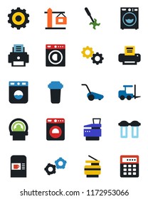 Color and black flat icon set - coffee machine vector, washer, fork loader, gear, lawn mower, ripper, tomography, printer, copier, crane, water filter, combination lock