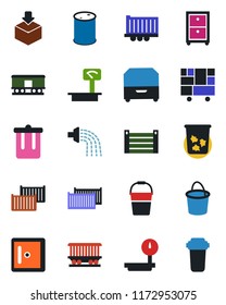 Color and black flat icon set - trash bin vector, checkroom, bucket, watering, railroad, truck trailer, cargo container, consolidated, package, oil barrel, heavy scales, archive box, water filter