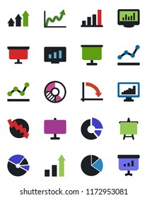 Color and black flat icon set - growth statistic vector, presentation board, crisis graph, monitor, circle chart, statistics, bar, pie, point, arrow up