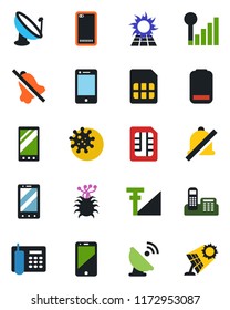 Color and black flat icon set - mobile phone vector, virus, satellite antenna, cell, low battery, back, sim, mute, cellular signal, office, sun panel