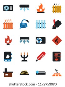 Color and black flat icon set - fire vector, hose, fireplace, thermometer, heater, air conditioner, candle, water, smoke detector, radiator, warm floor